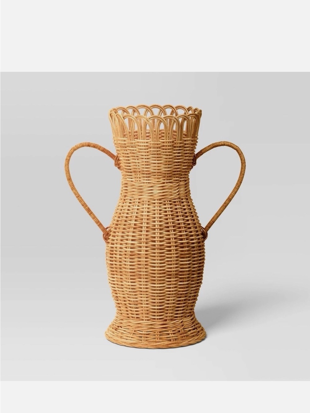 Threshold 16” Loop Rim Wicker Woven Scalloped Vase Natural Woven Decorative NEW